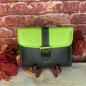 Lime Green and Black Pebbled Leather Organizer Wallet